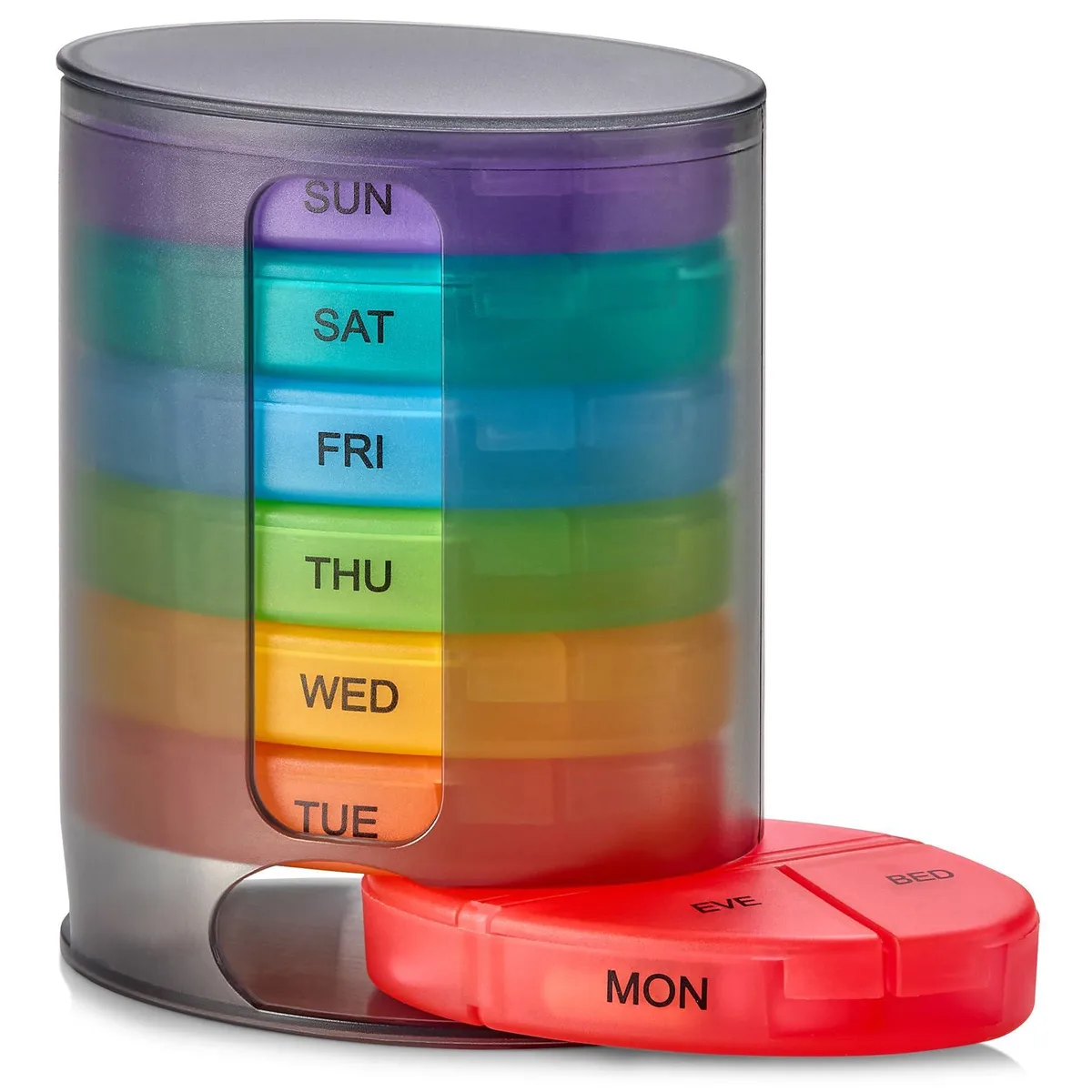 Black stackable pill organiser tower with seven removable daily trays, each divided into four labelled compartments