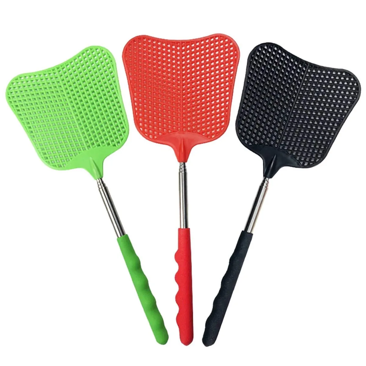 Three telescopic fly swatters with stainless steel handles and plastic paddles