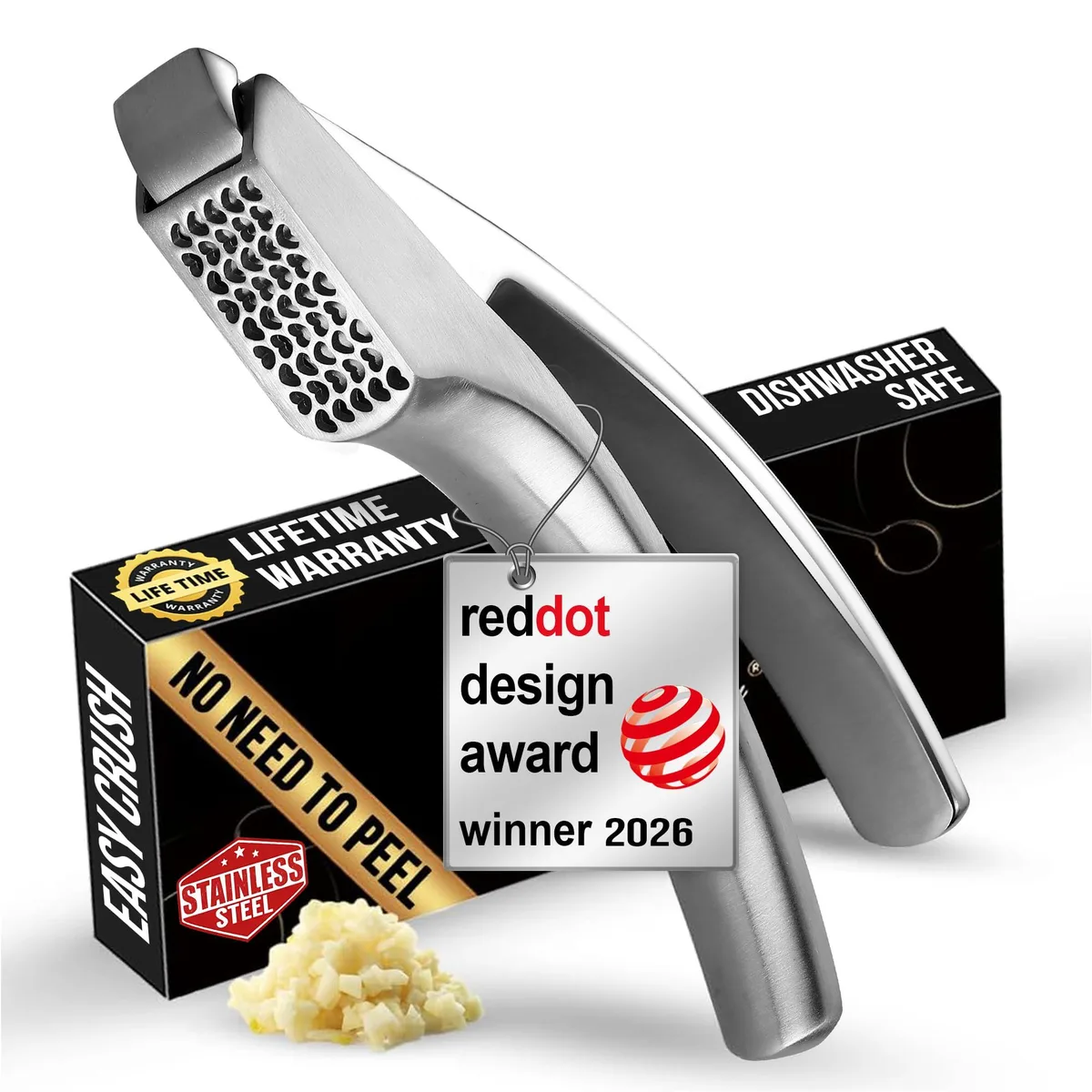 Stainless steel garlic press with detachable handles, 7.8 inches long