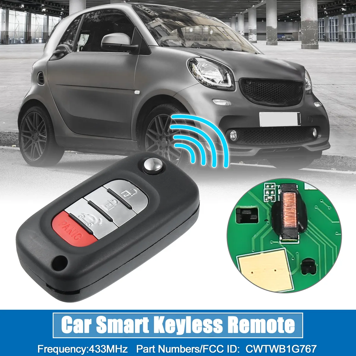 Unique-Bargains Unique-Bargains CWTWB1G767 4-Button Flip Key Fob 433MHz Chip 4A Smart Forfour 453 Fortwo 2015-2017 — product photo