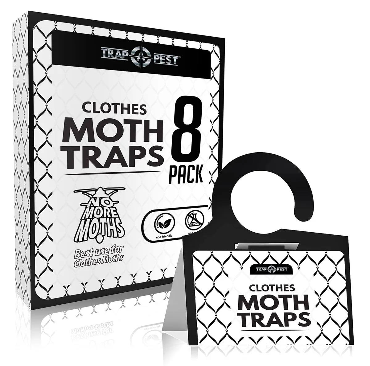 Eight rectangular beige moth traps folded into triangular tents on a plain background