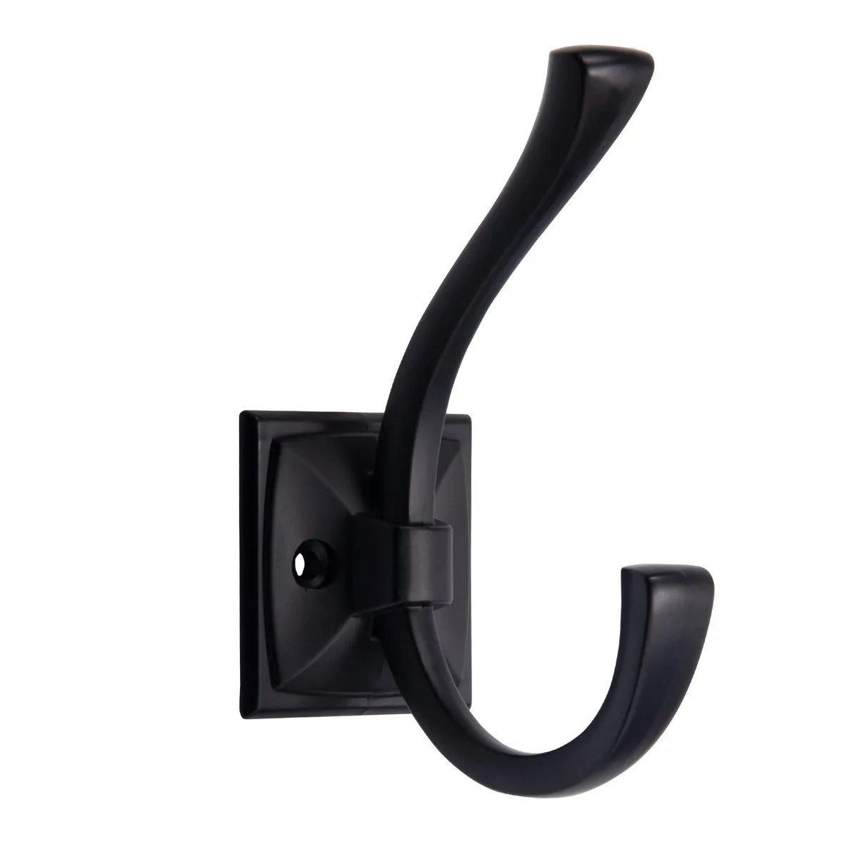 Five matte black antique coat hooks with double curved arms and mounting screws