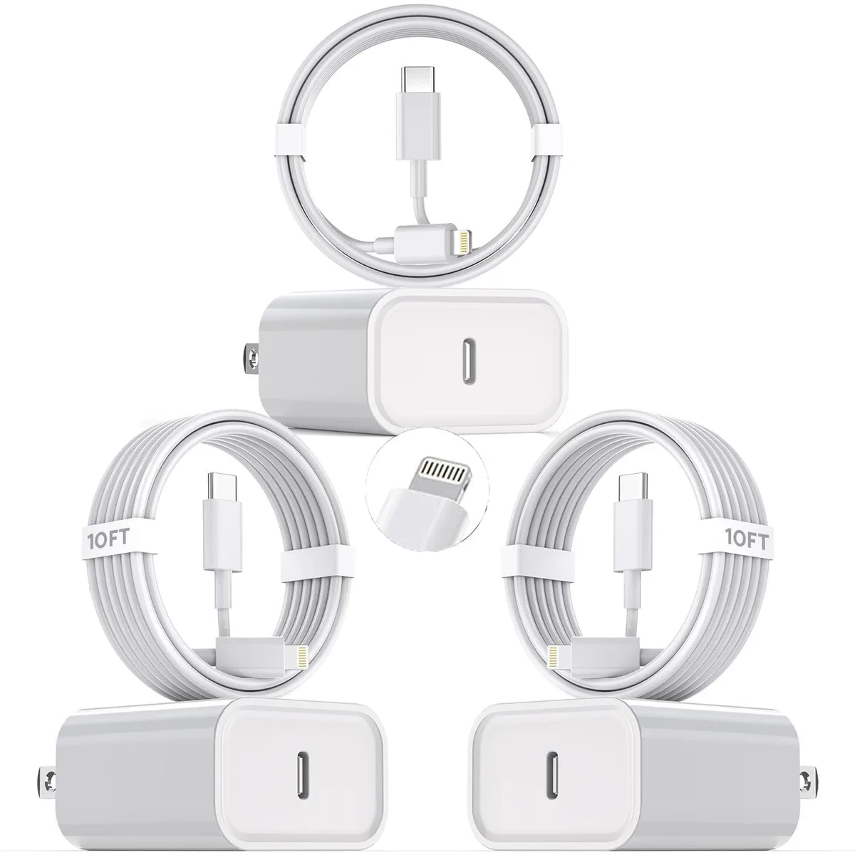 MCHOSE MCHOSE 10FT USB-C to Lightning Cable 3-Pack with PD 3.0 Wall Charger — product photo