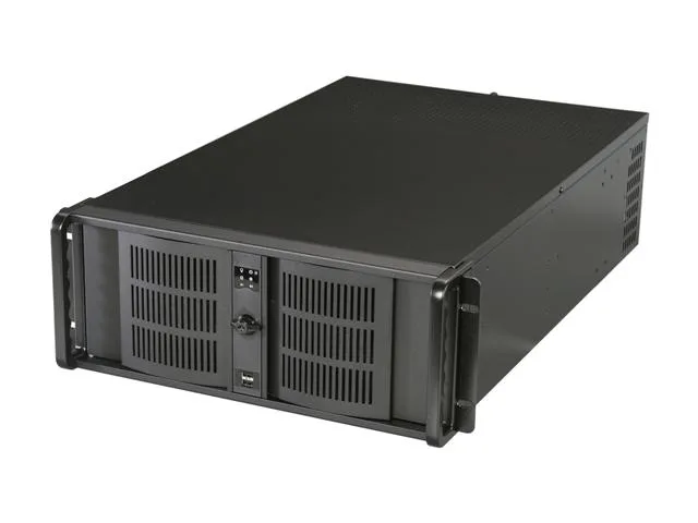 Black 4U rackmount server chassis with aluminium front bezel, seven 5.25 inch drive bays, one 3.5 inch bay, front USB ports