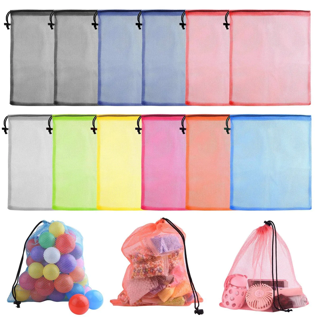 Twelve multicolour nylon mesh drawstring bags laid flat