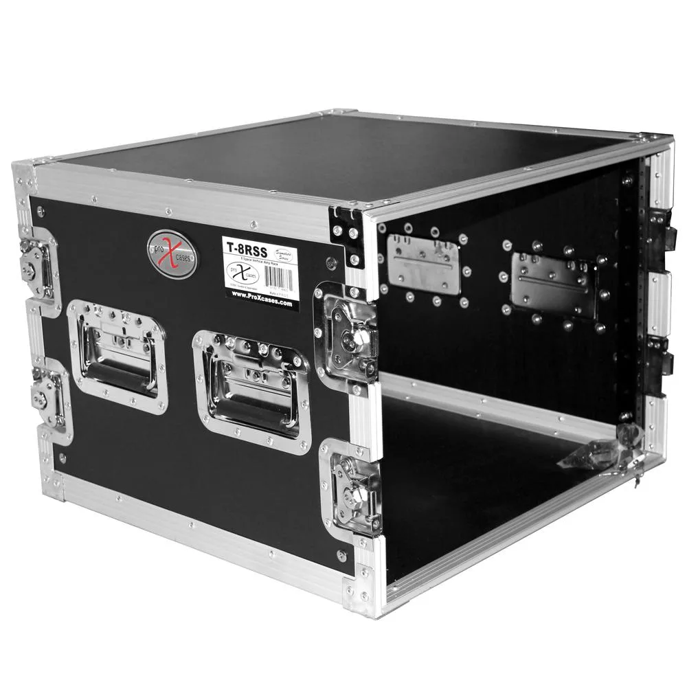 Black 8U rack case with aluminium corners, recessed handles and latches, rubber feet