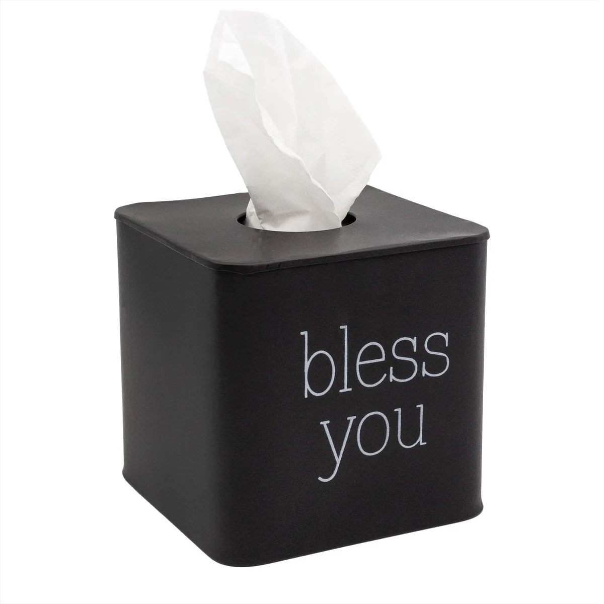 Matte black enamel cube tissue box cover with white typewriter lettering reading bless you