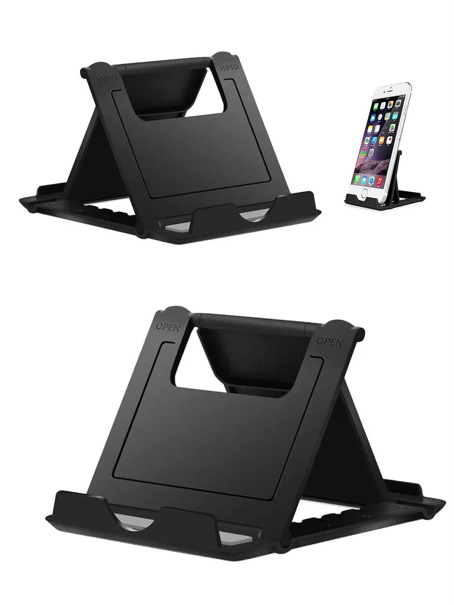 Two black foldable phone stands side by side