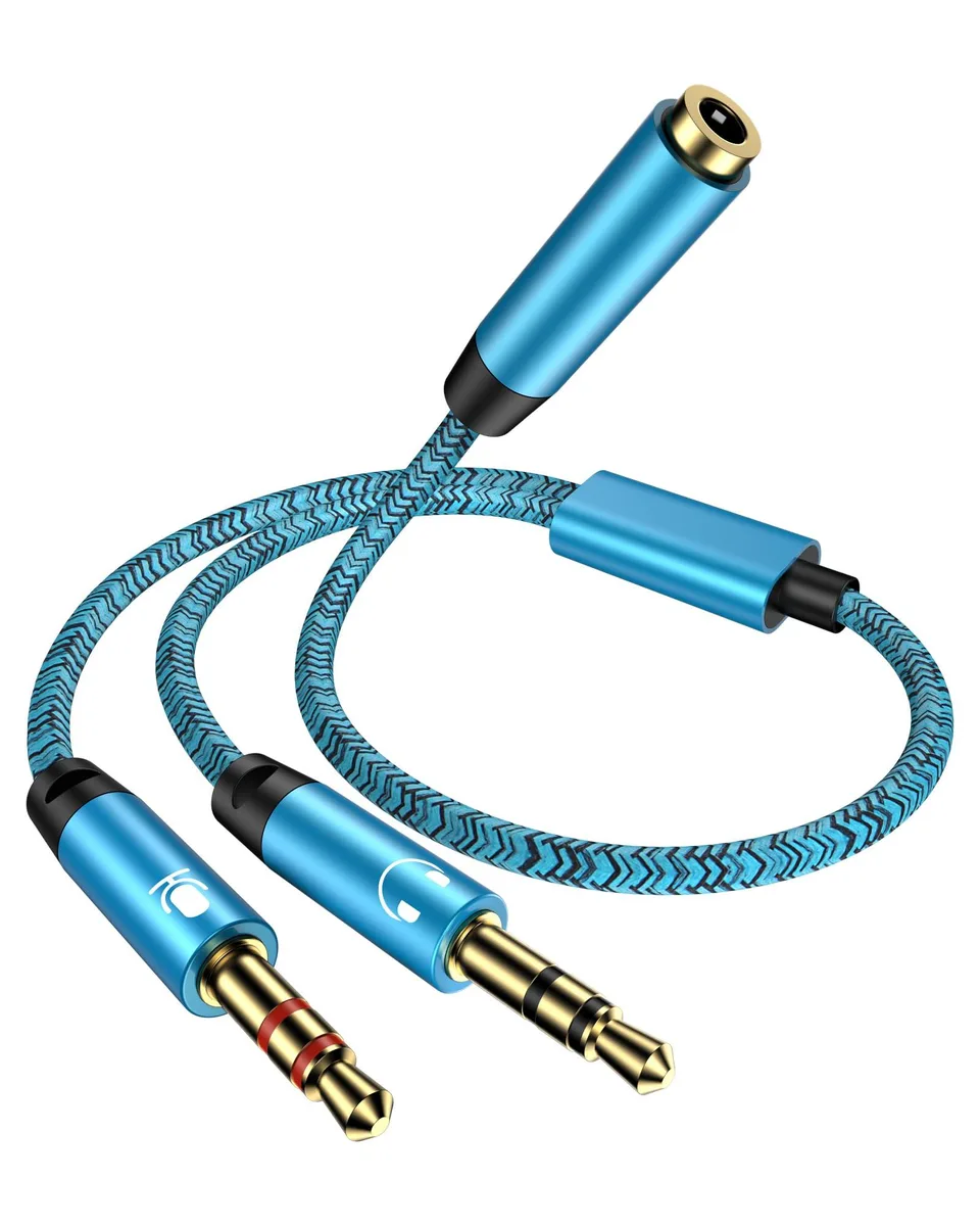 Blue braided Y-splitter cable with 3.5mm female to dual male connectors, 27cm