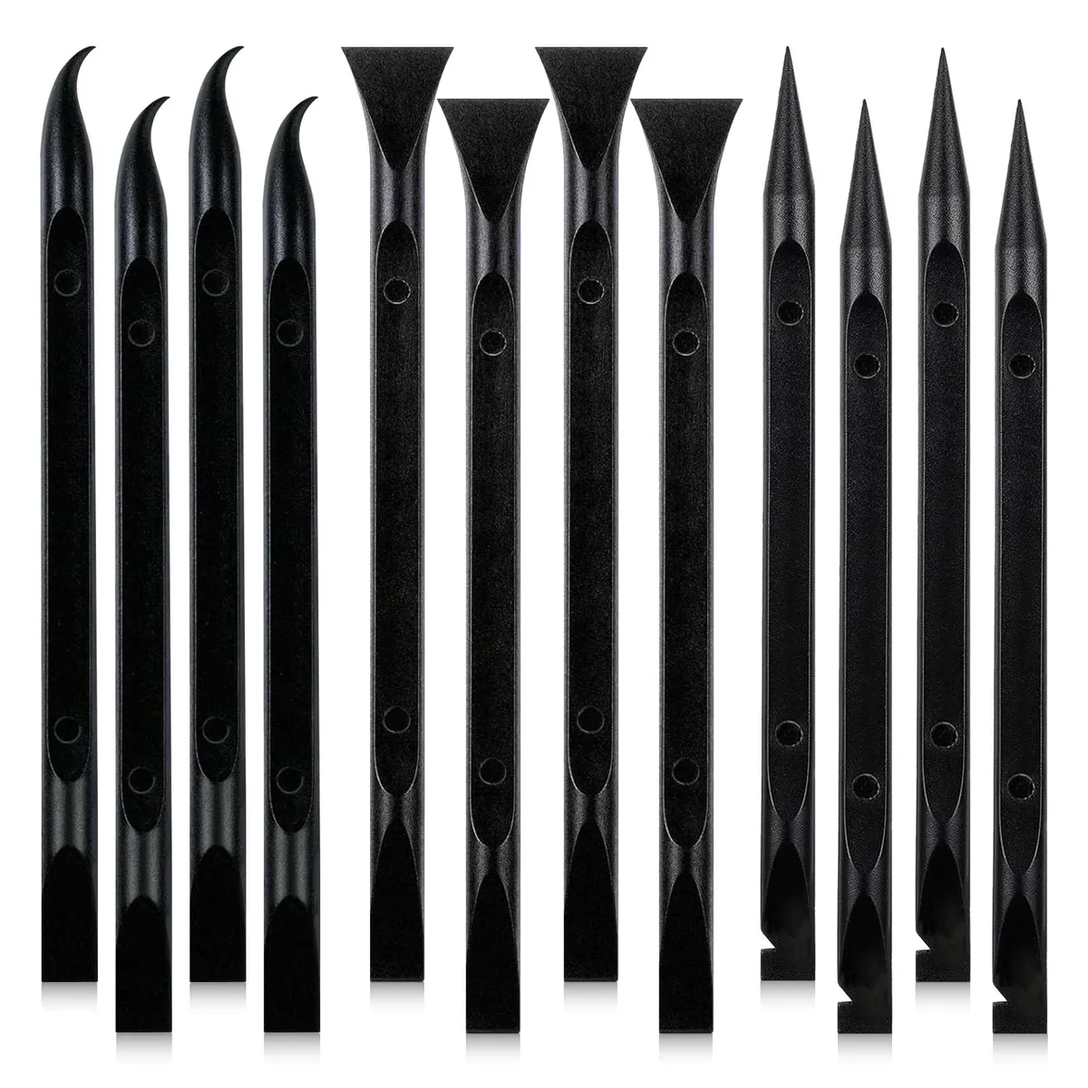 Twelve plastic scrapers in assorted shapes, compact rectangular set