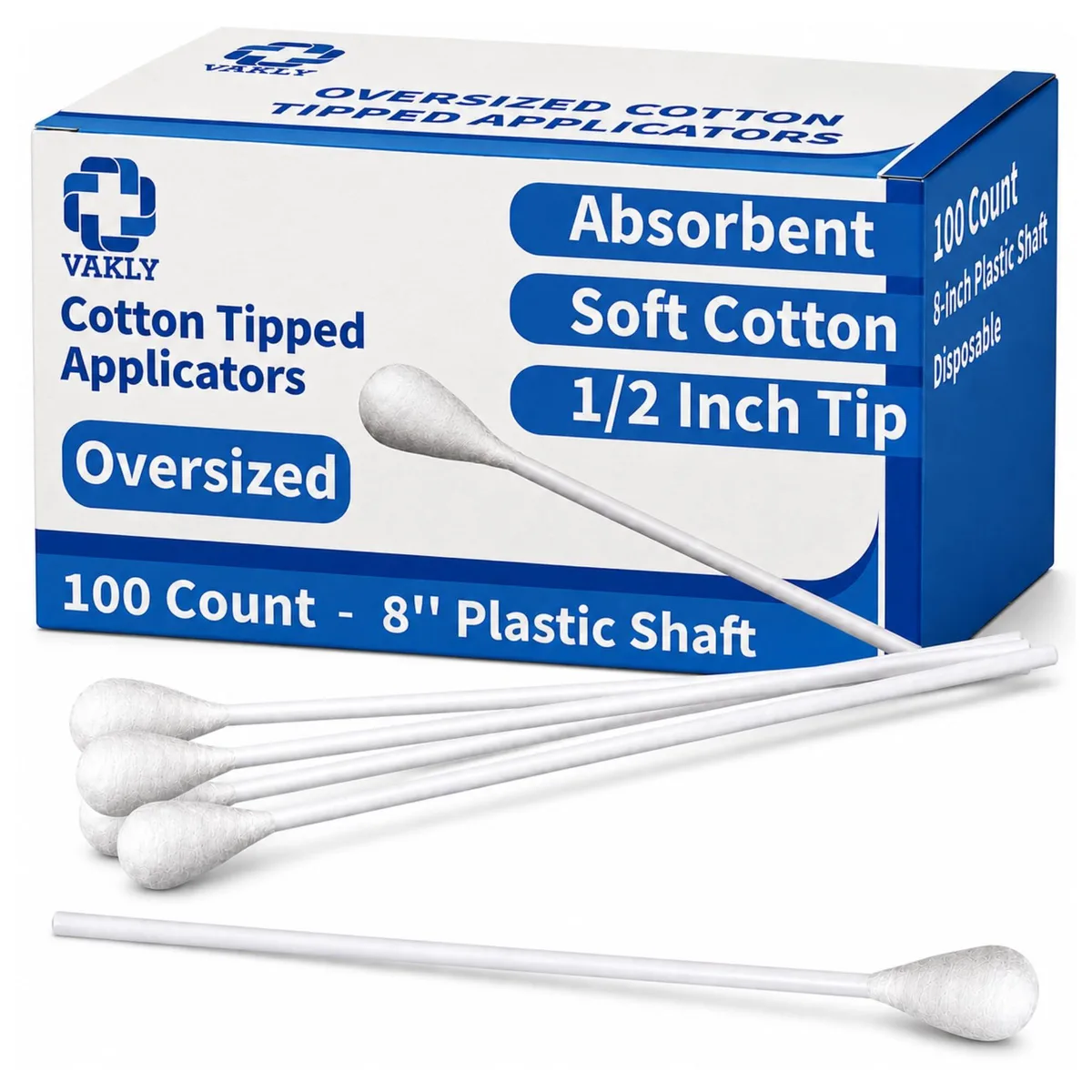  Vakly Oversized Cotton Tipped Applicators 8" 100 Pack 1/2" Swab .34 kg — product photo