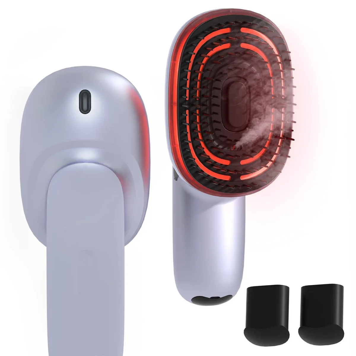 Silver handheld electric scalp massager with oil atomization, comb-like head, 4.02 x 3.27 x 7.83 inches