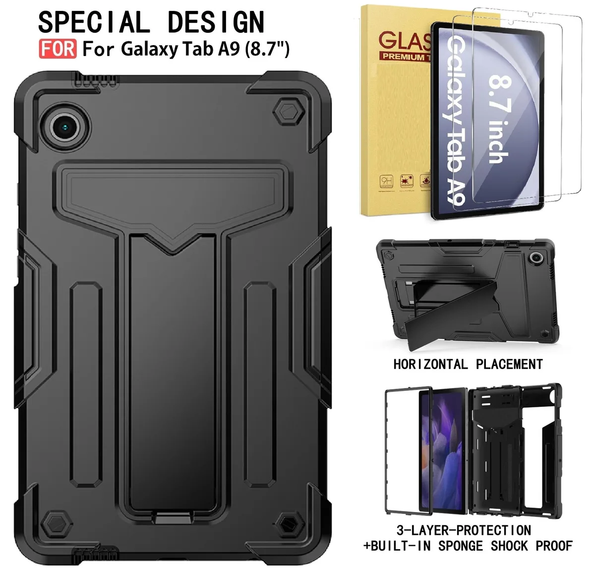 anicestore anicestore Galaxy Tab A9 8.7" Hybrid Case with Stand &amp; .33mm Tempered Glass (Black/Black) SM-X110/115/117 — product photo