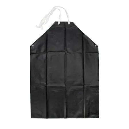 Black chemical resistant apron, 45 by 32 inches, reinforced grommets at tie points