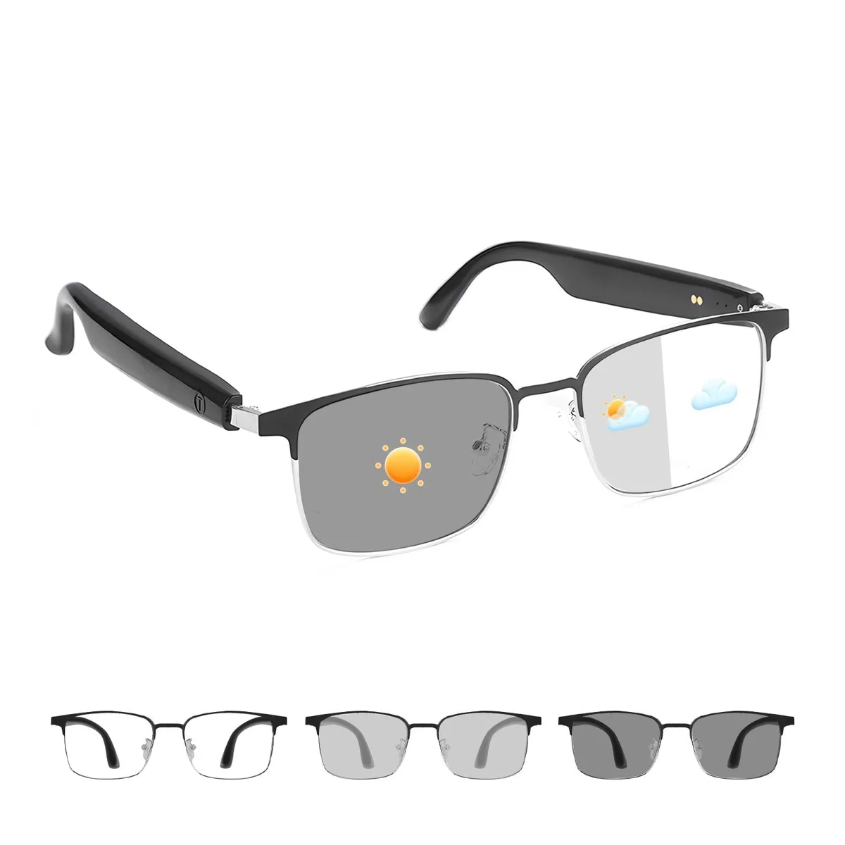 Silver smart glasses with photochromic lenses and open-ear speakers
